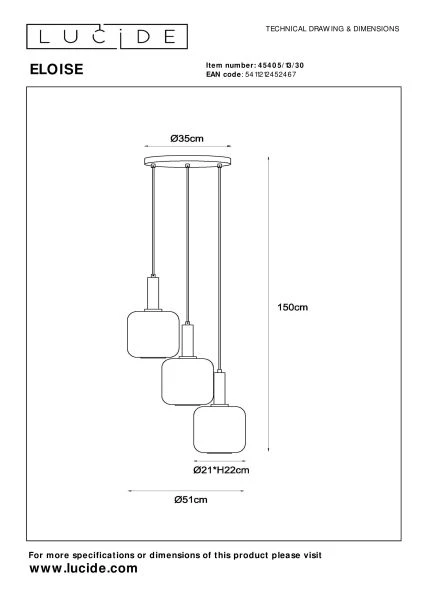 Lucide ELOISE - Pendant light - Ø 40 cm - 3xE27 - Black - technical